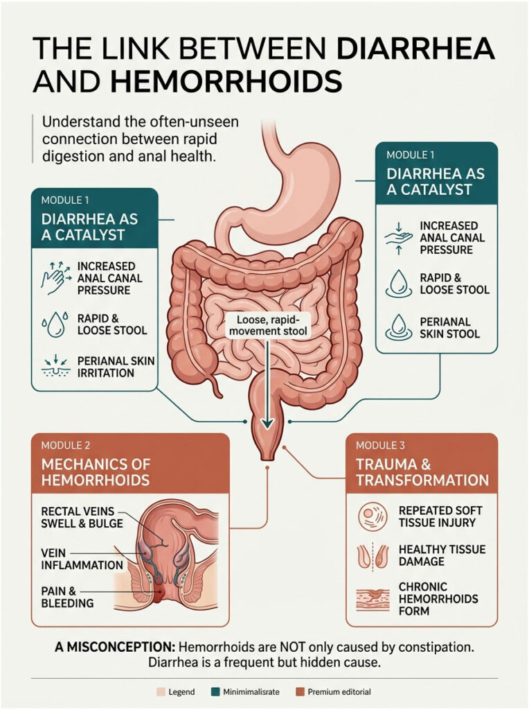 Infographic showing the link between diarrhea and hemorrhoids with modules on causes and misconceptions.