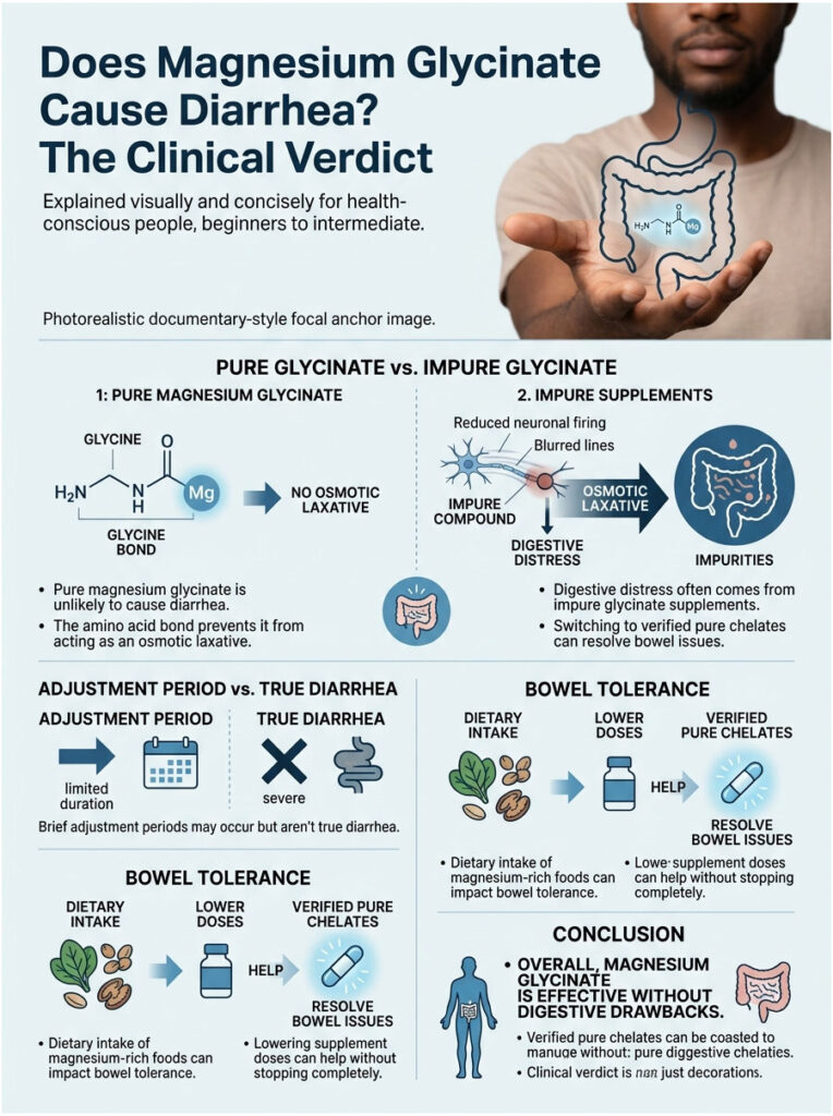 Infographic explaining magnesium glycinate and its effects on diarrhea with charts and illustrations.