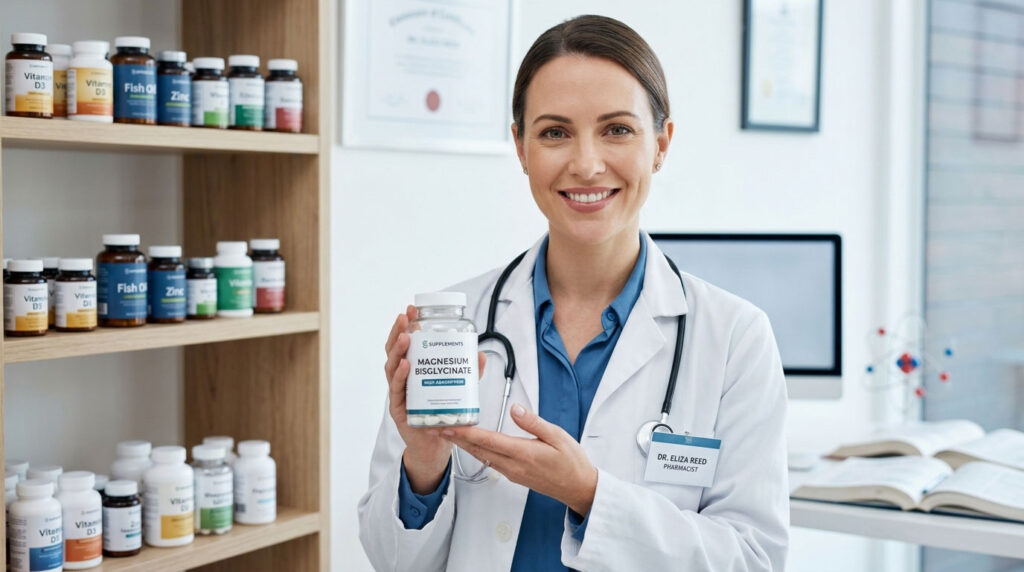 A pharmacist in a white coat holds a bottle of magnesium bisglycinate in a well-lit pharmacy with shelves of supplements.