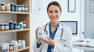 A pharmacist in a white coat holds a bottle of magnesium bisglycinate in a well-lit pharmacy with shelves of supplements.