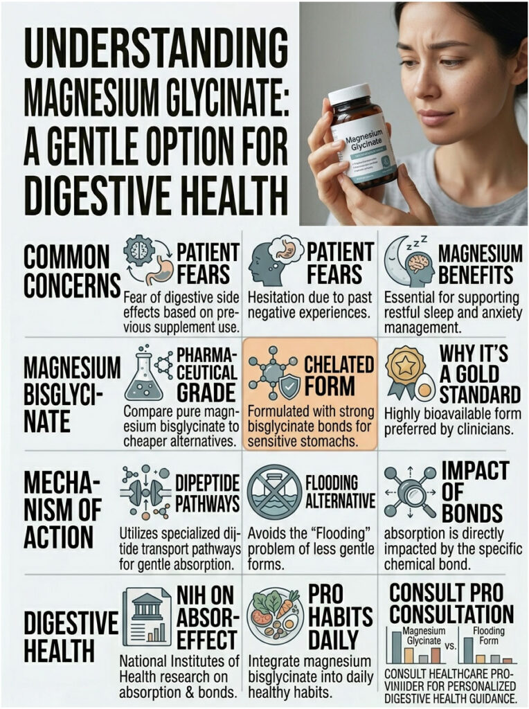 Infographic explaining magnesium glycinate benefits, concerns, and mechanisms for digestive health.