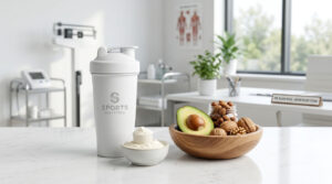 A white shaker bottle, bowl of nuts, and avocado on a marble table in a dietitian's office.