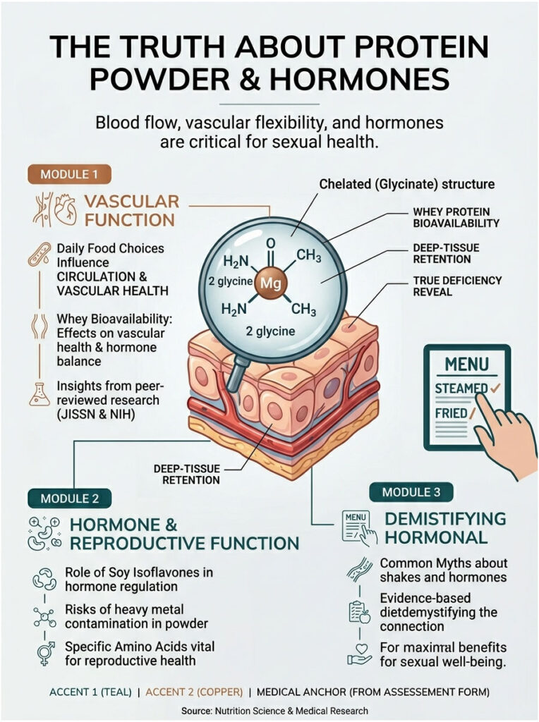 Infographic explaining protein powder's impact on vascular function and hormones, featuring modules and key data points.