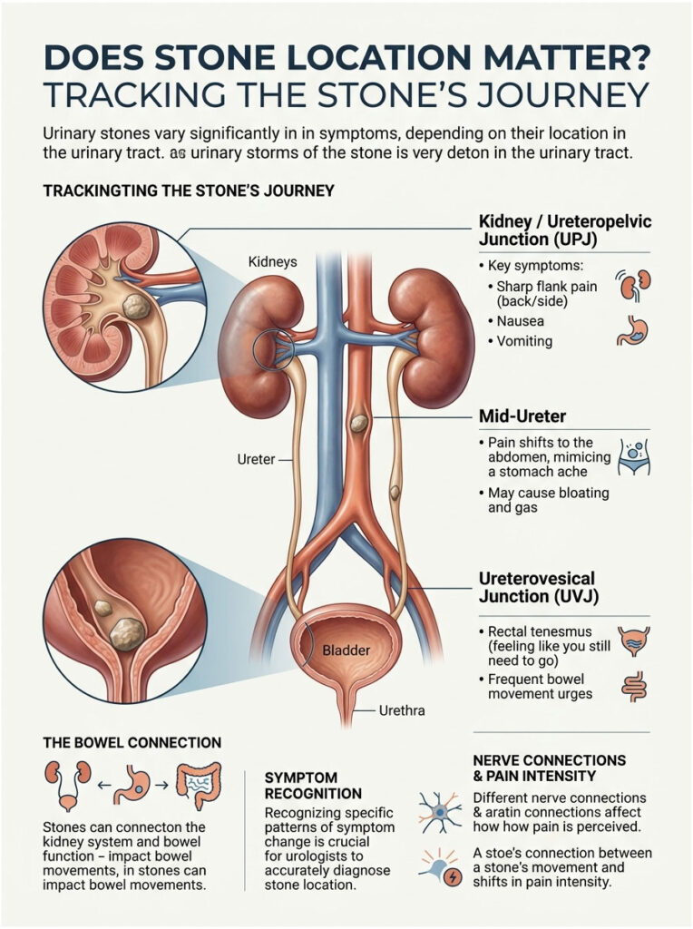 Infographic showing urinary stone locations, symptoms, and connections in the urinary tract and bowel.