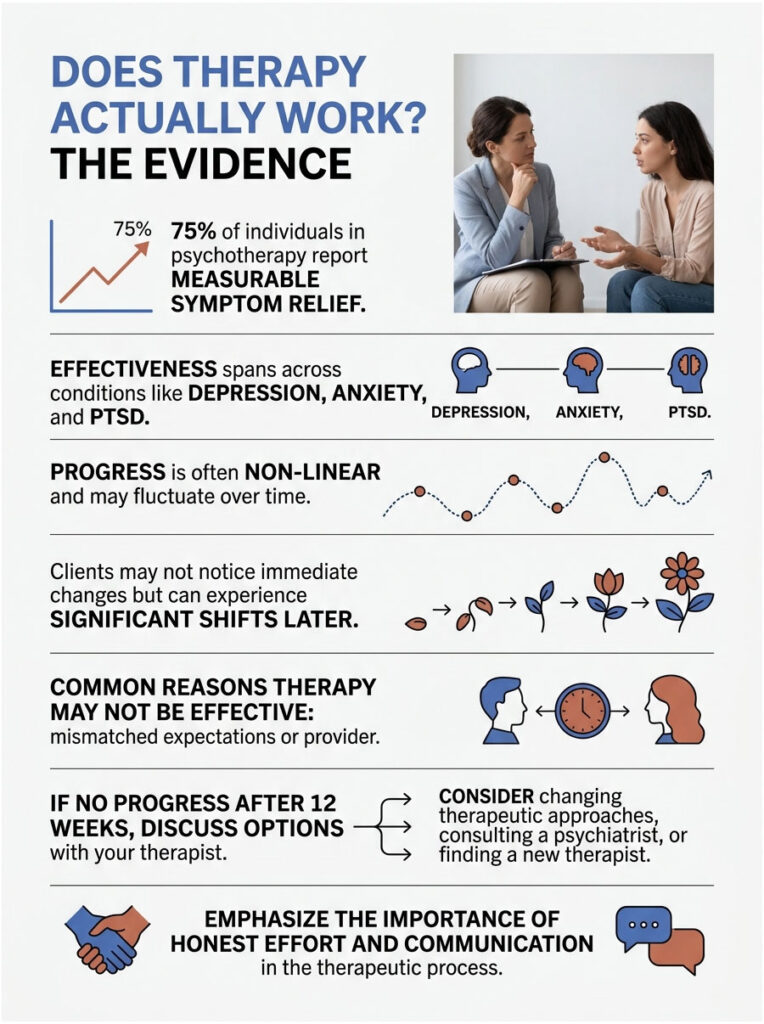 Infographic showing therapy effectiveness statistics, including 75% symptom relief and key insights on progress and expectations.