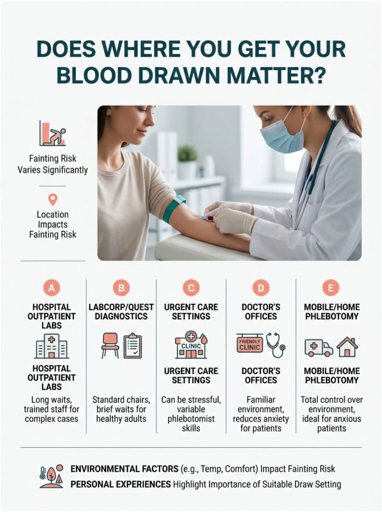 Infographic showing blood draw locations and their impact on fainting risk with icons and data points.