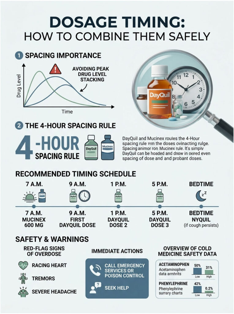 Infographic showing dosage timing for DayQuil and Mucinex, including graphs, schedules, and safety warnings.