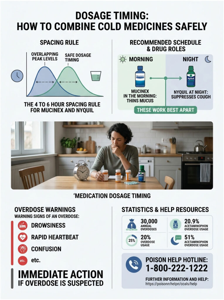 Infographic on safe cold medicine dosage timing, featuring charts, warnings, and a woman with medication.