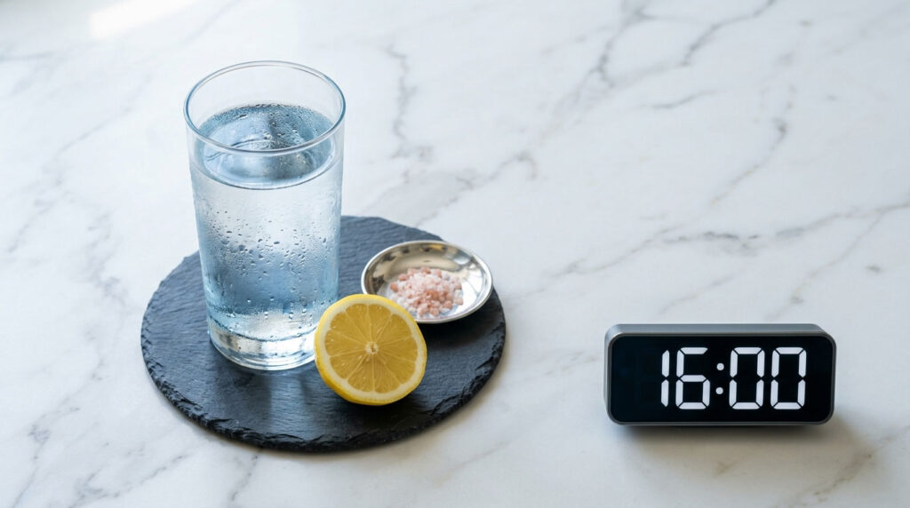 A glass of sparkling water with lemon slice and salt on a slate coaster beside a digital clock showing 16:00.