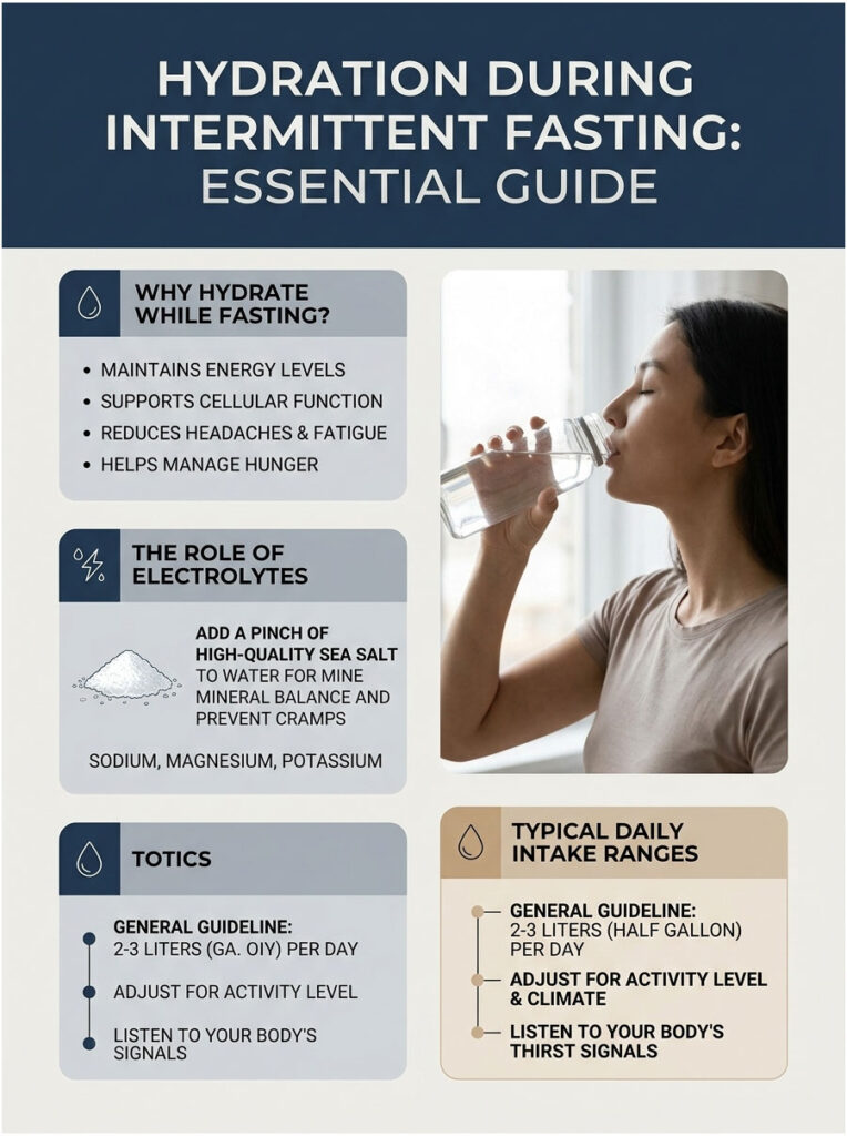 Infographic on hydration during intermittent fasting with tips on electrolytes and daily intake guidelines.