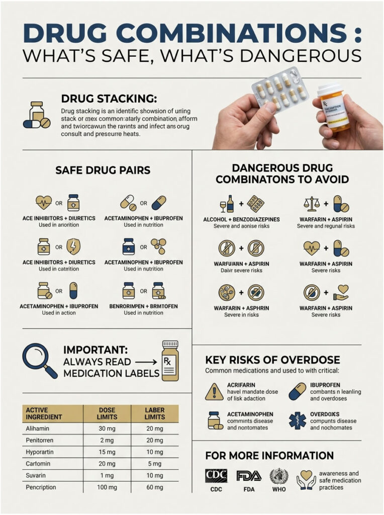 Infographic showing safe and dangerous drug combinations, including charts and medication labels for safety.
