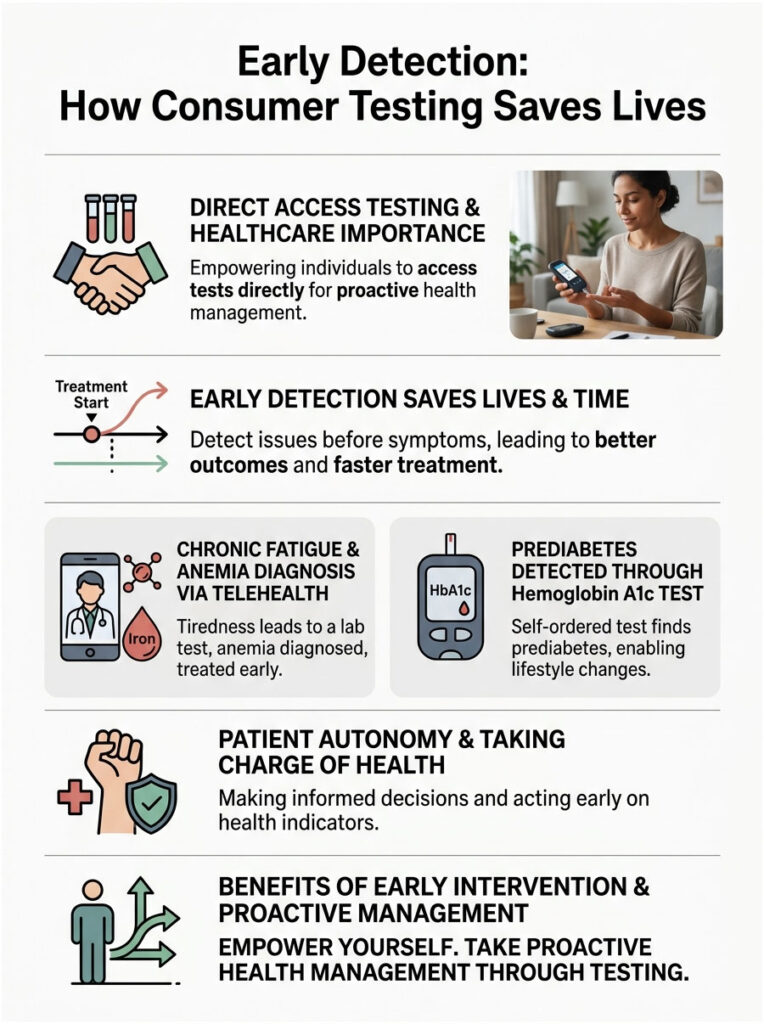 Infographic showing early detection benefits in healthcare, including testing access, patient autonomy, and health management tips.