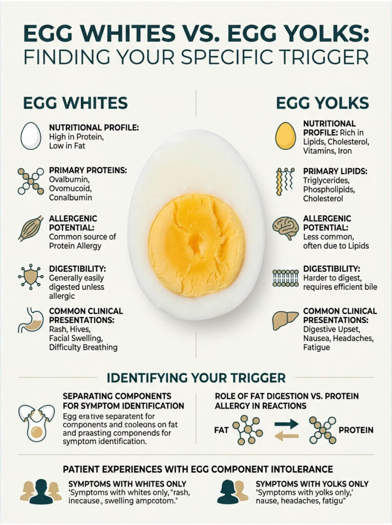Infographic comparing egg whites and egg yolks, detailing nutritional profiles, proteins, and allergic potential.