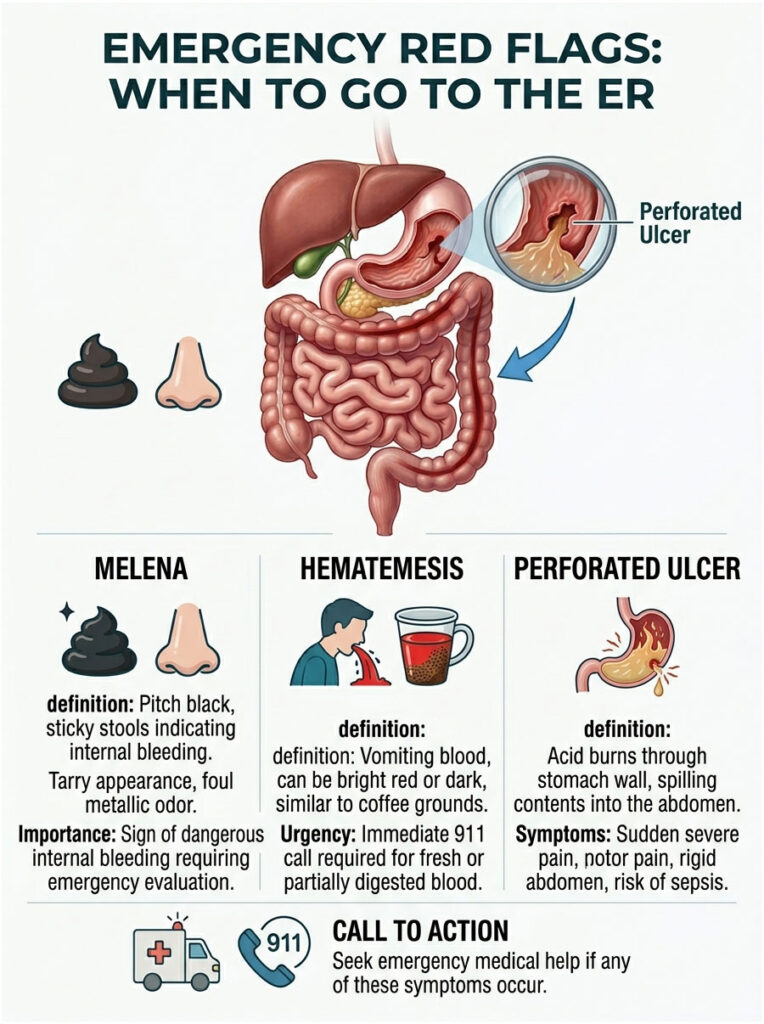 Infographic showing emergency red flags for ER visits, including melena, hematemesis, and perforated ulcer symptoms.