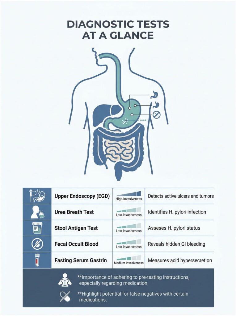 Infographic showing diagnostic tests for gastrointestinal health, including test names and invasiveness levels.