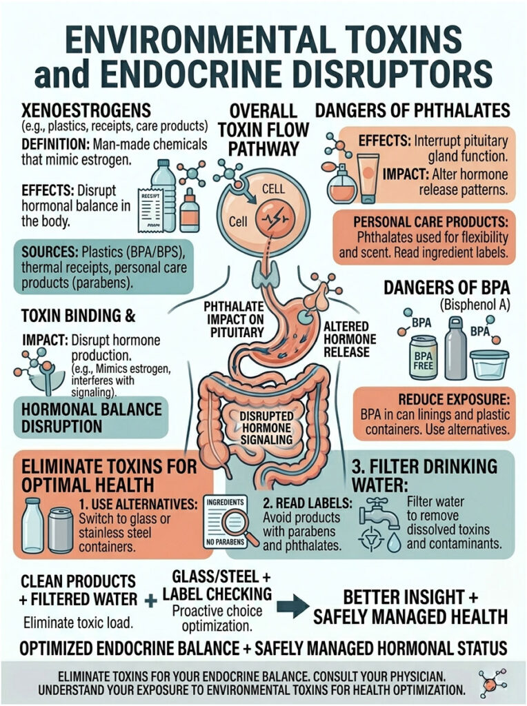 Infographic detailing environmental toxins, endocrine disruptors, and health tips, including charts and icons.