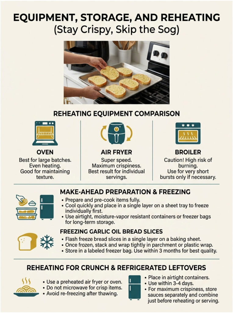 Infographic comparing reheating methods for food, featuring oven, air fryer, and broiler with tips for storage and preparation.