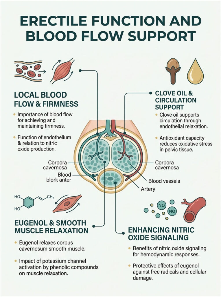 Infographic illustrating erectile function and blood flow support with sections on clove oil, eugenol, and nitric oxide signaling.