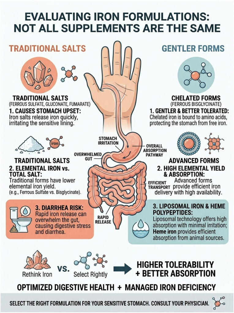 Infographic comparing traditional iron salts and gentler iron forms, highlighting absorption and digestive effects.