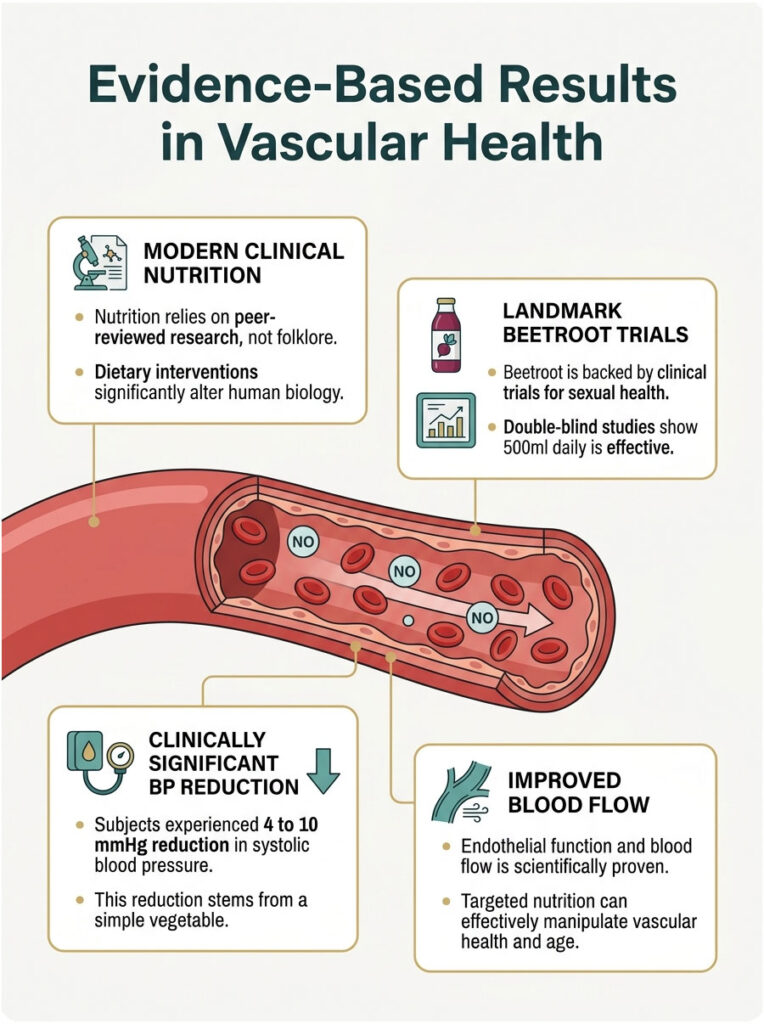Infographic showing evidence-based results in vascular health with sections on nutrition, beetroot trials, blood pressure reduction, and blood flow improvement.