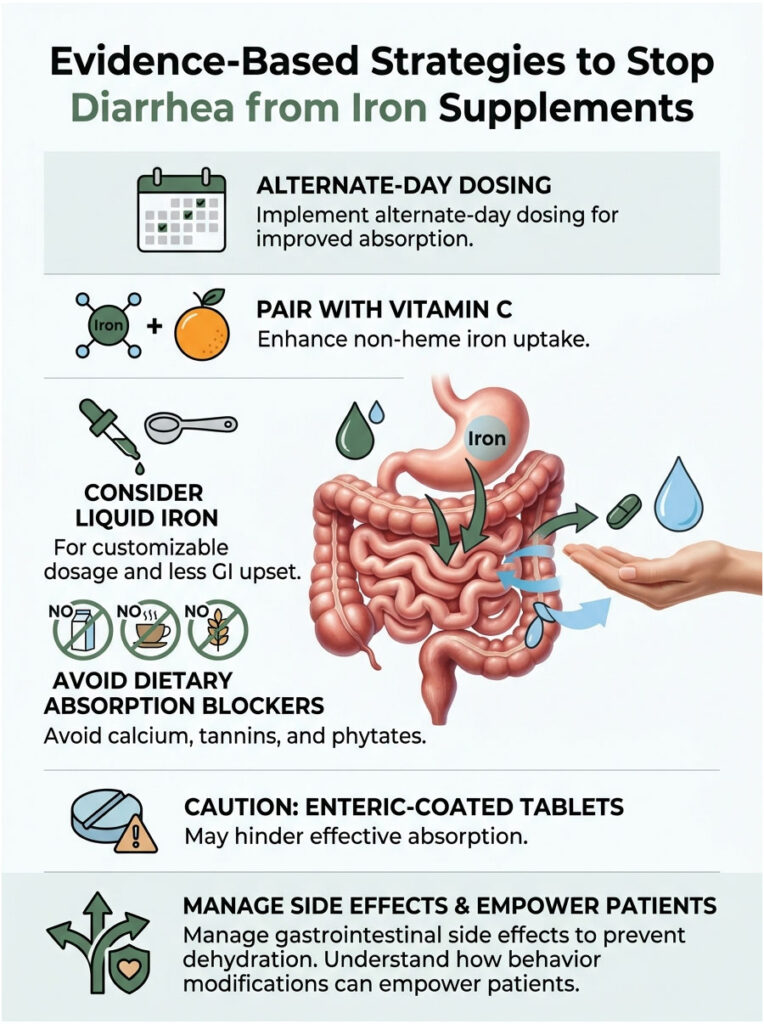 Infographic detailing strategies to stop diarrhea from iron supplements, including tips and illustrations of iron absorption.
