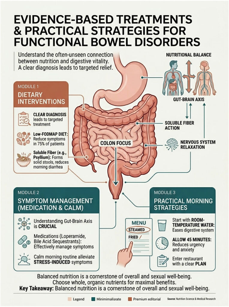 Infographic on evidence-based treatments for functional bowel disorders, detailing dietary interventions and symptom management.