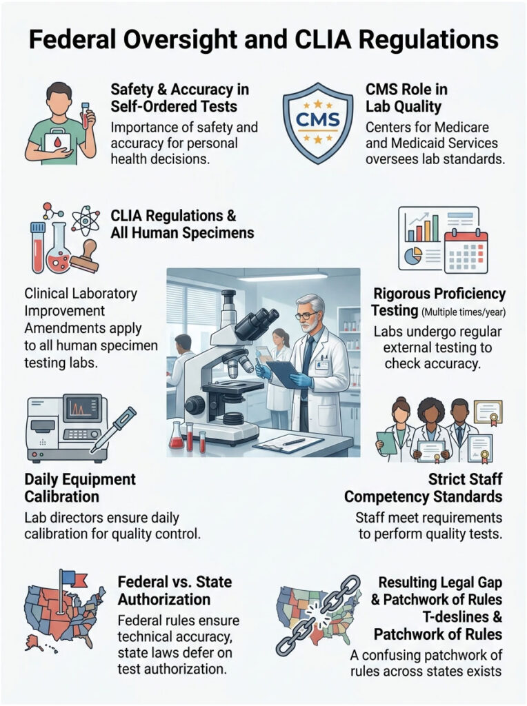 Infographic detailing federal oversight and CLIA regulations for lab testing, featuring charts and illustrations.