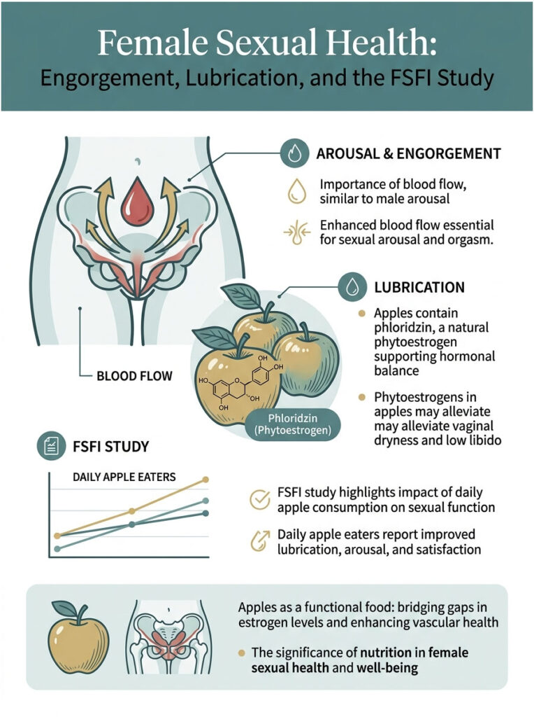 Infographic on female sexual health, showing arousal, lubrication, blood flow, and FSFI study data with apples.