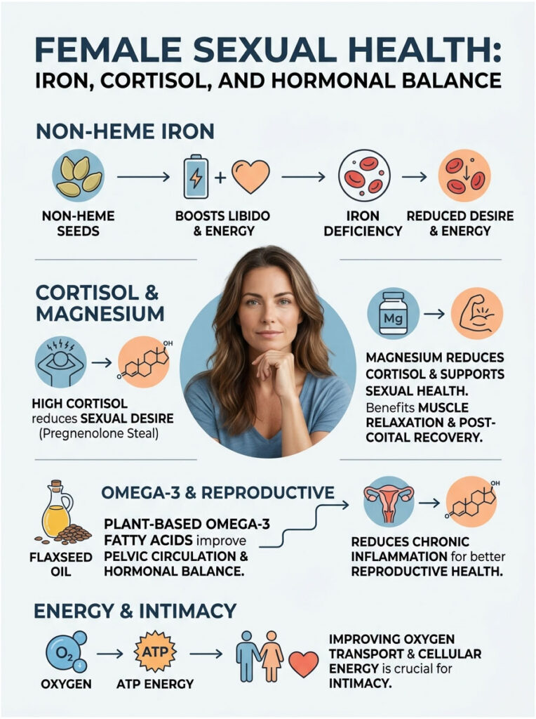 Infographic on female sexual health featuring iron, cortisol, magnesium, omega-3, and intimacy concepts with illustrations.
