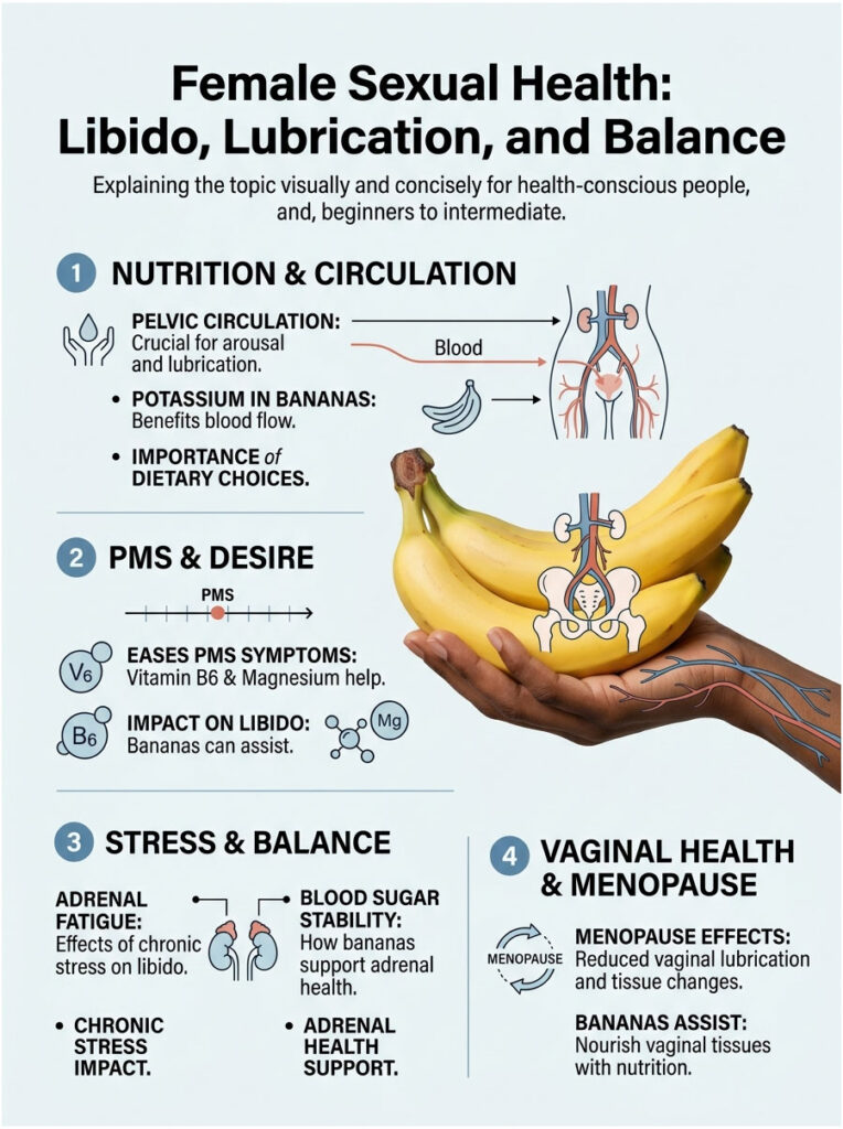 Infographic on female sexual health featuring bananas, pelvic circulation, PMS, and menopause effects.