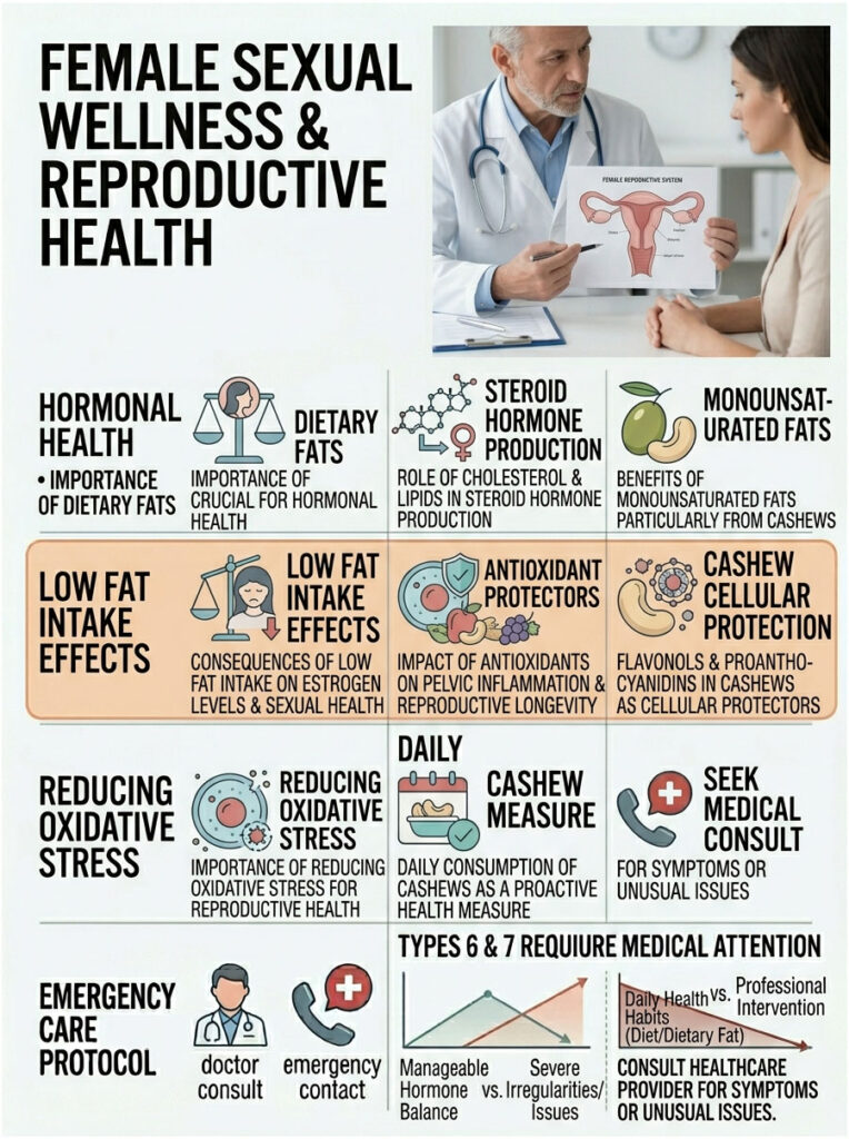 Infographic on female sexual wellness and reproductive health, detailing dietary fats, antioxidants, and medical consultation.