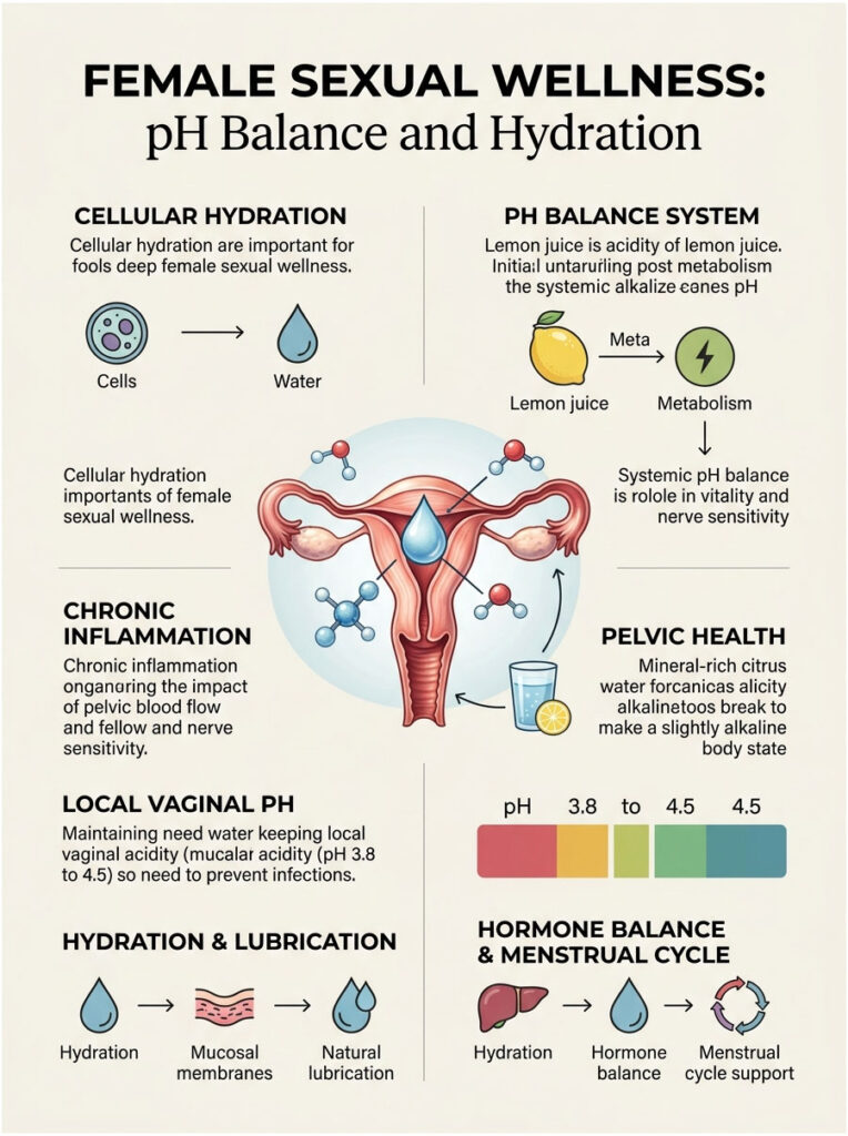 Infographic illustrating female sexual wellness, pH balance, hydration, and related health concepts with icons and text.