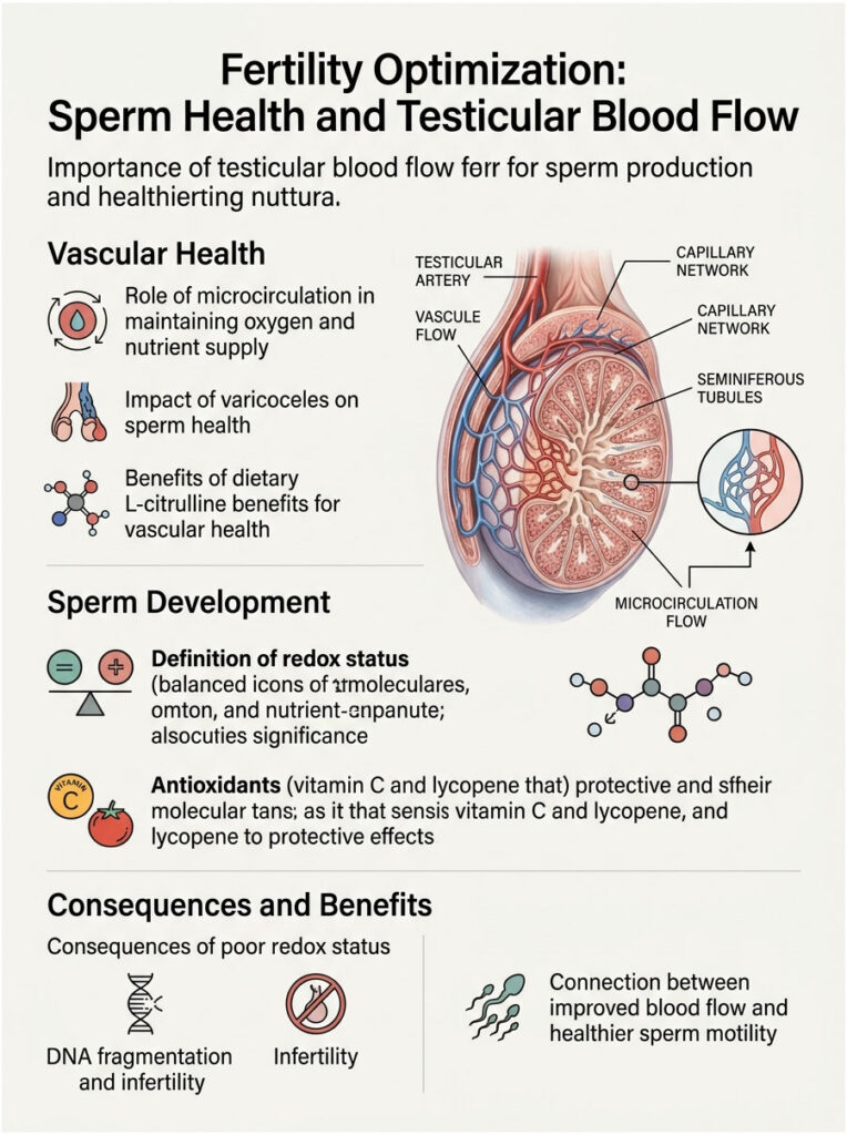 Infographic on fertility optimization showing sperm health, testicular blood flow, and vascular health details.