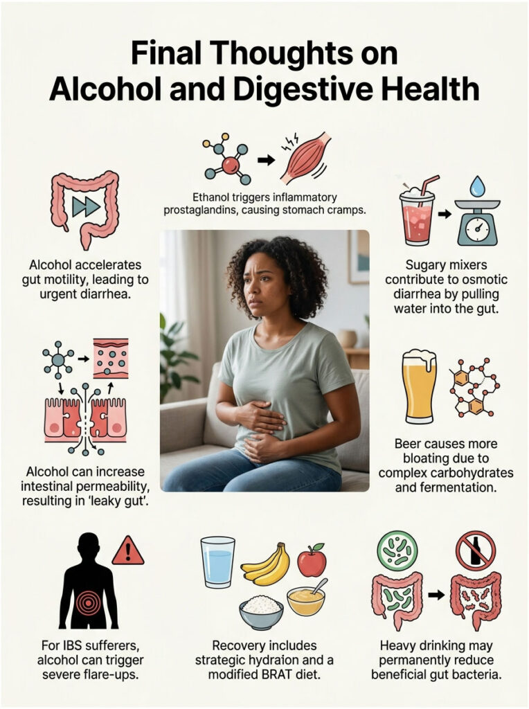 Infographic on alcohol's effects on digestive health, featuring illustrations and key points about gut issues and recovery tips.