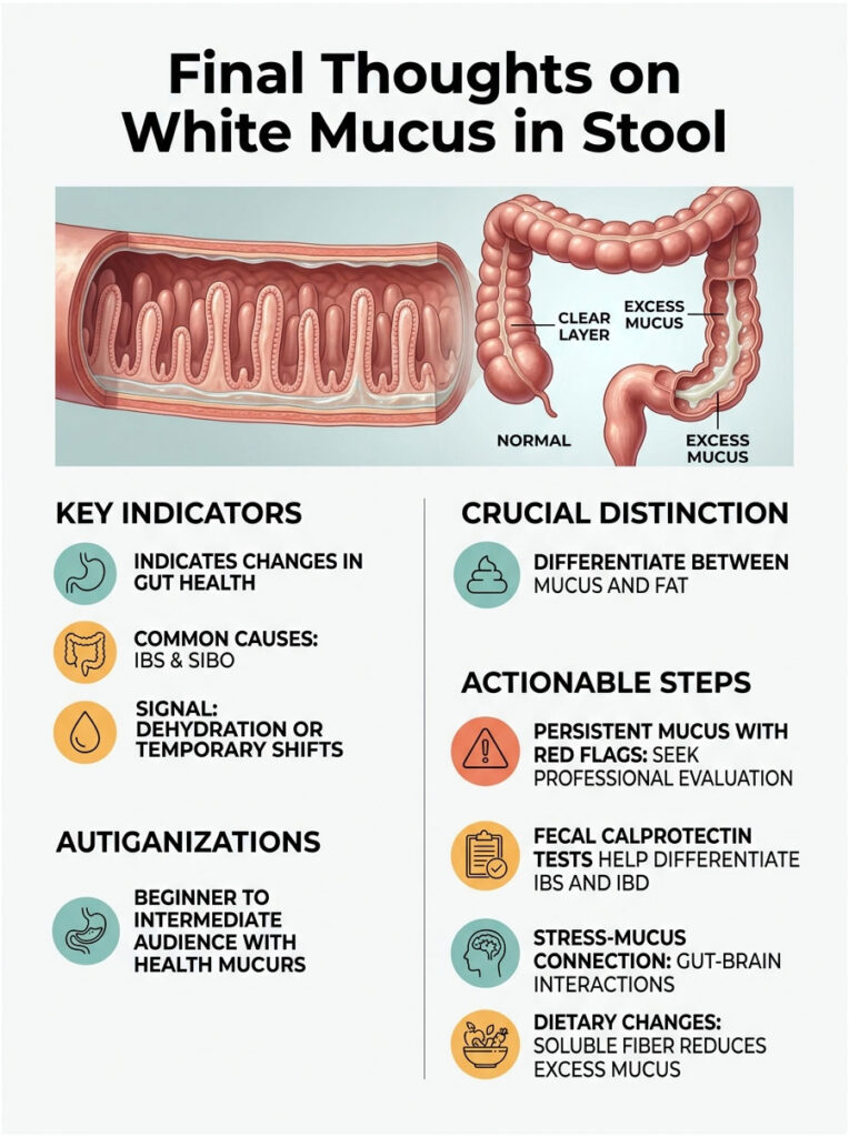 Infographic showing white mucus in stool, gut health indicators, causes, and actionable steps for evaluation.