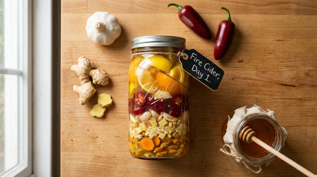 A jar of fire cider with garlic, ginger, chili peppers, and honey on a wooden surface.