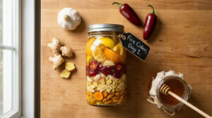 A jar of fire cider with garlic, ginger, chili peppers, and honey on a wooden surface.