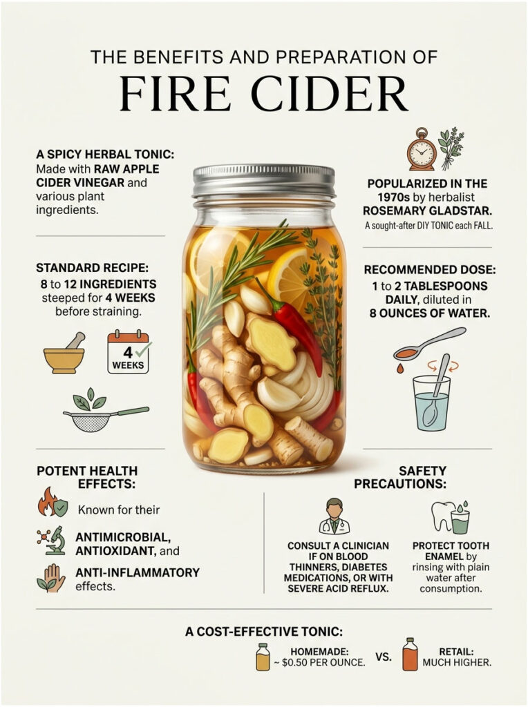 Infographic about Fire Cider benefits and preparation, featuring a jar with ingredients and health effects.