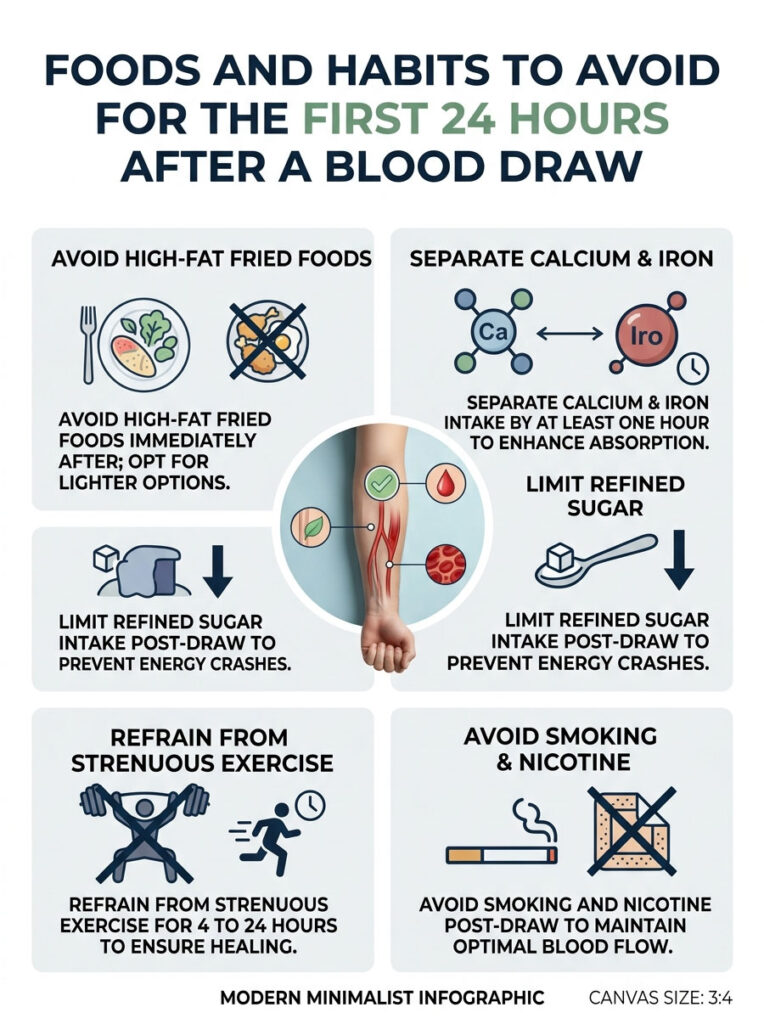 Infographic showing foods and habits to avoid after a blood draw, including high-fat foods and smoking.