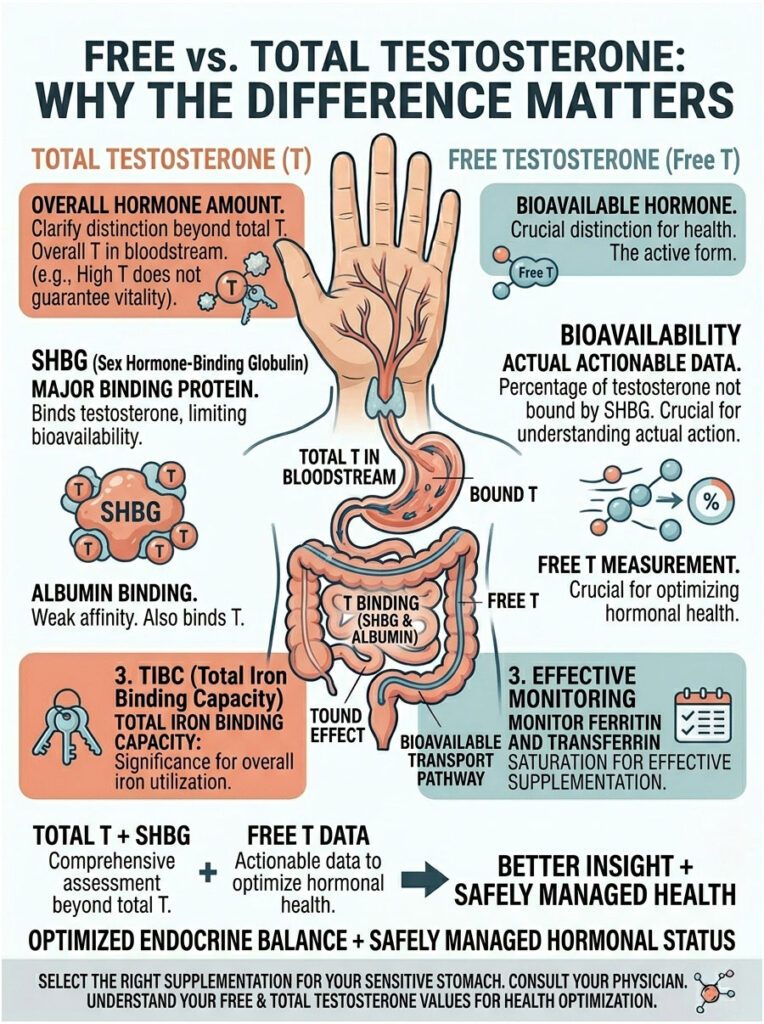 Infographic explaining free vs. total testosterone with charts, data on SHBG, and health insights.