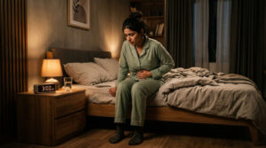 A woman in green pajamas sits on a bed, holding her stomach in discomfort at 3:00 AM.