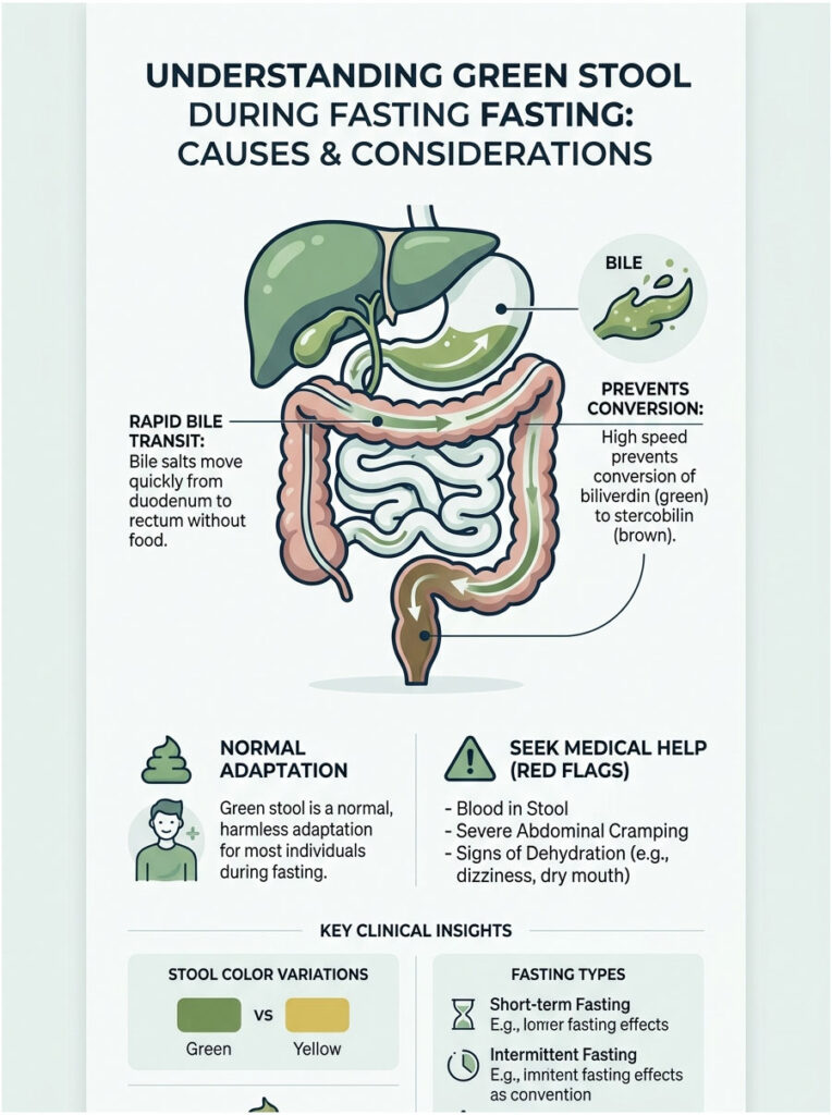 Infographic explaining green stool during fasting, featuring liver, intestines, and key insights on causes and adaptations.