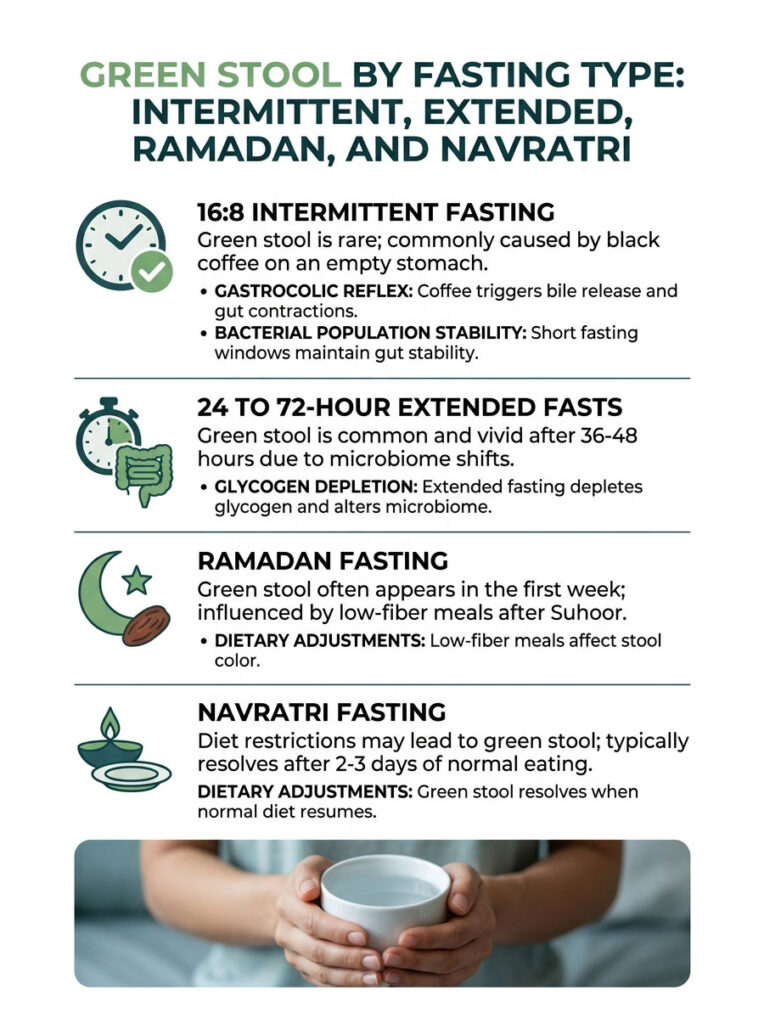 Infographic explaining green stool by fasting type: intermittent, extended, Ramadan, and Navratri with icons and text.