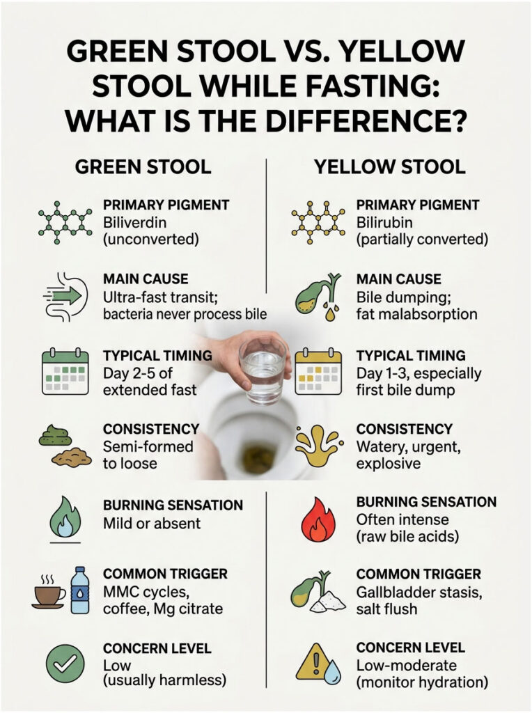 Infographic comparing green stool and yellow stool during fasting, detailing causes, timing, and sensations.