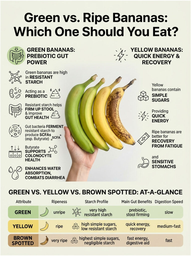Infographic comparing green, yellow, and brown spotted bananas with health benefits and digestion speed.