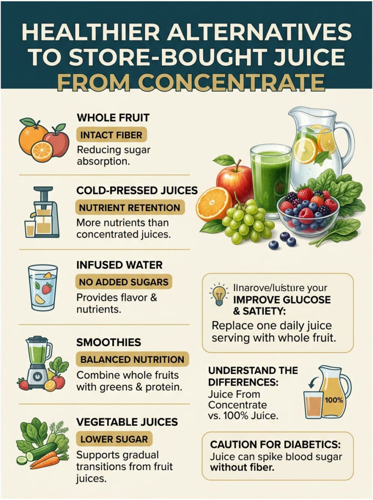 Infographic showing healthier juice alternatives with text on whole fruit, cold-pressed juices, infused water, smoothies, and vegetable juices.
