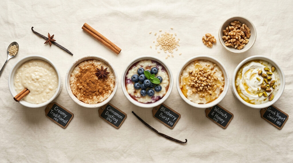 Five bowls of oatmeal topped with various ingredients on a light fabric background.