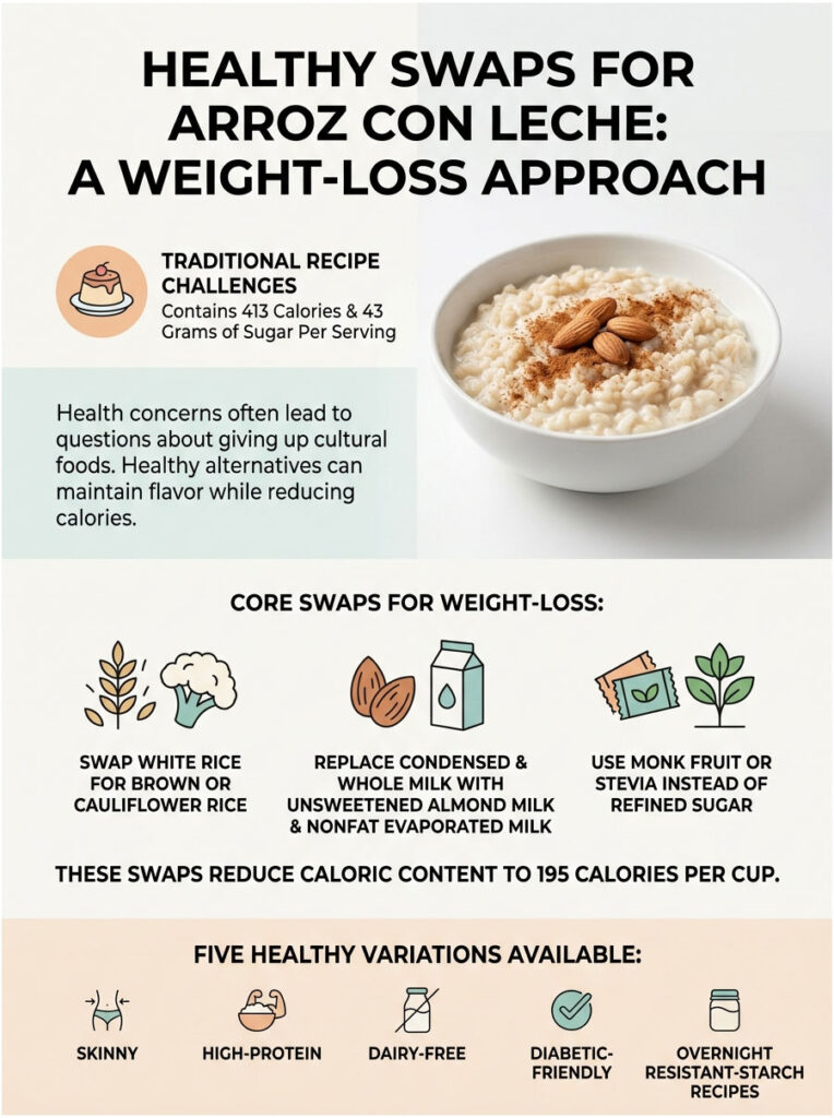 Infographic showing healthy swaps for Arroz con Leche, including calorie counts and ingredient alternatives.