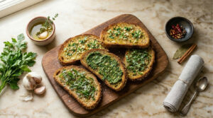 Slices of toasted bread topped with herbs and garlic on a wooden board, with olive oil and garlic nearby.