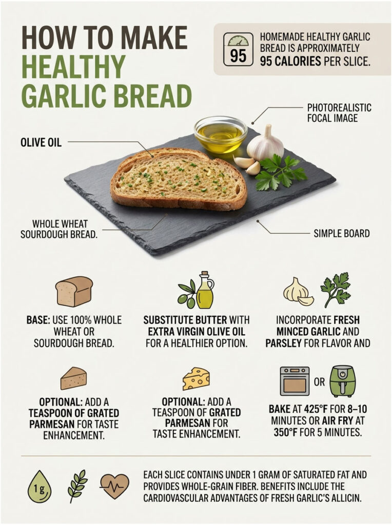 Infographic showing steps to make healthy garlic bread with ingredients and cooking instructions.